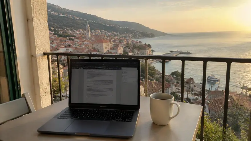 Laptop open on a balcony overlooking a coastal town